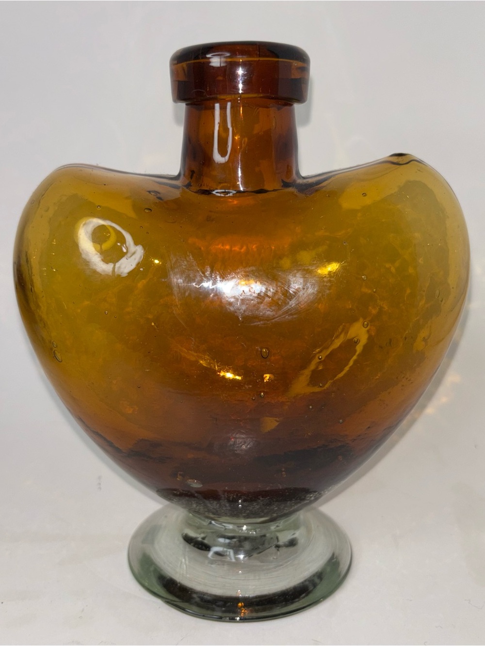Mexican Hand Blown Amber Glass Heavyweight Bottle Vase Heart-Shape Footed